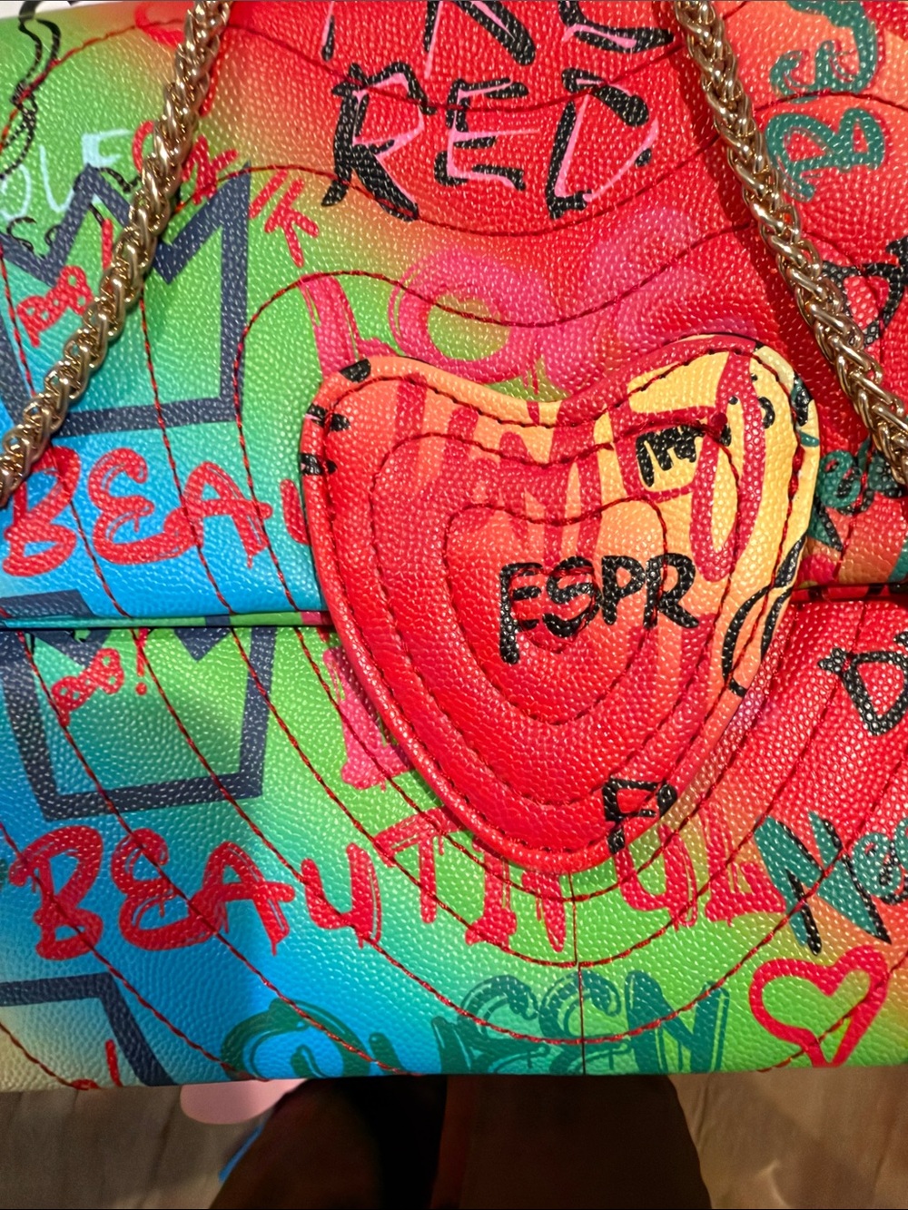 Esprit Multicolor Graffiti Heart Shoulder Bag with Gold Chain